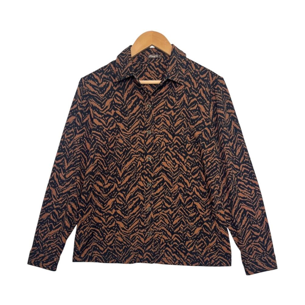 J McLaughlin Catalina Cloth Top Womens Medium Brown Black Button Up Tiger Safari